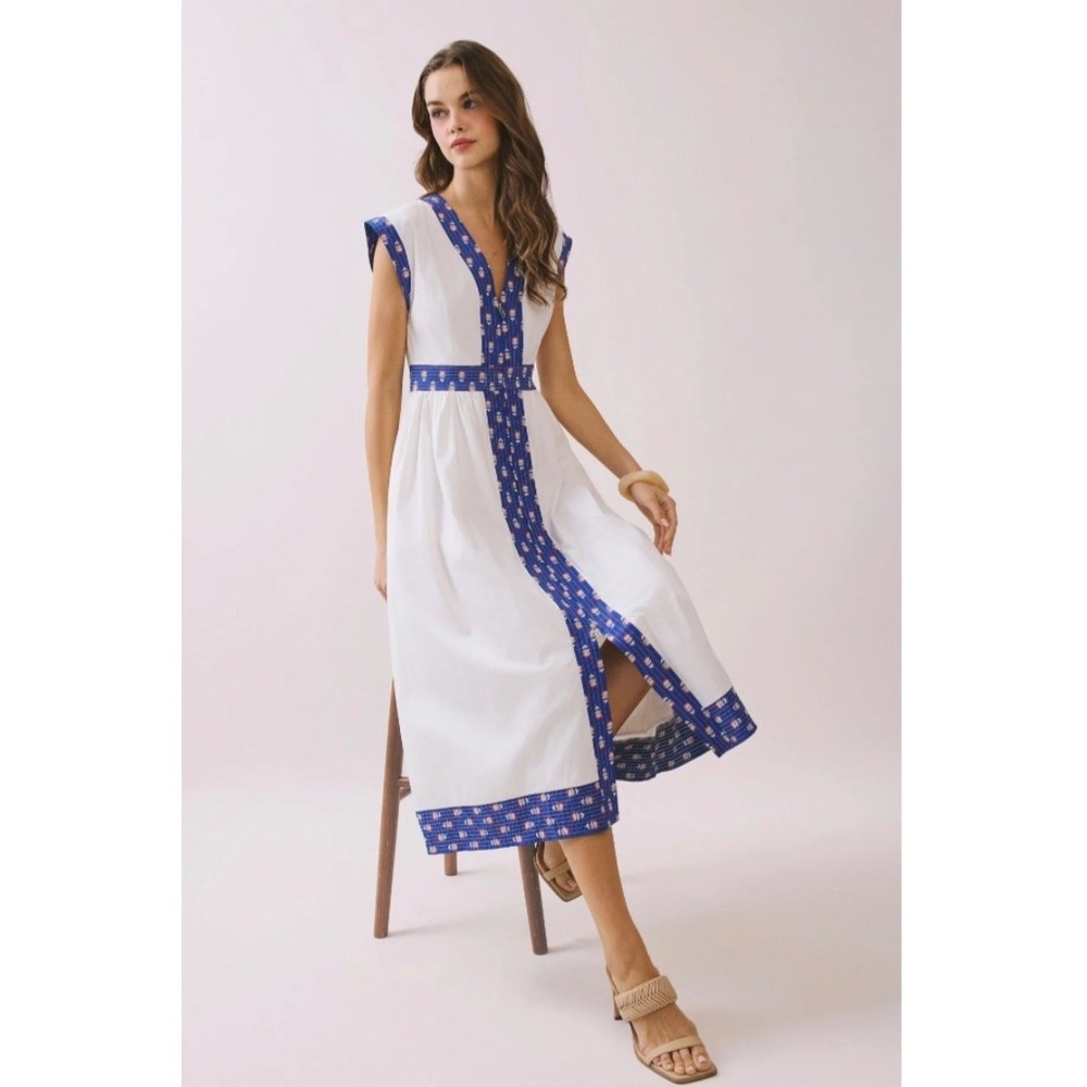 TCEC Womens White Blue Floral Block Print Trim V-Neck Zip Front Midi Dress L